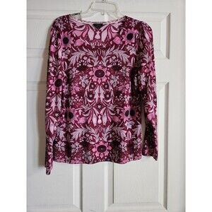 Talbots Women’s PL Crewneck Pure Merino Wool Pink maroon Floral Pullover Sweater